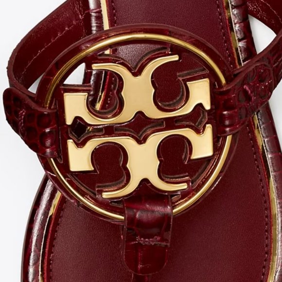 Tory Burch Metal Miller Croc Embossed Logo Sandals Burgundy Roma Red MANY SIZES! - Picture 7 of 13
